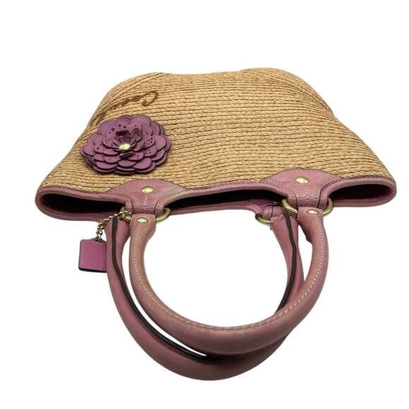 Coach 13373 Women's Straw Tote Bag with Tea Rose Flower Charm, Beige and Pink... - Picture 8 of 16